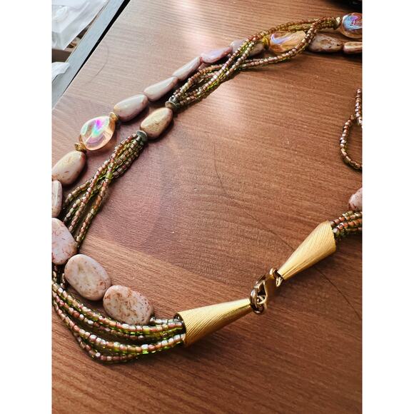 Vintage 30" 14k GE Stone Gold Glass Bead Necklace Statement green mauve Brown - Picture 3 of 14